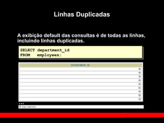 Linhas Duplicadas
A exibição default das consultas é de todas as linhas,
incluindo linhas duplicadas.
SELECT department_id
FROM employees;
…
 