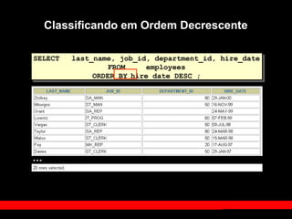 Classificando em Ordem Decrescente
SELECT last_name, job_id, department_id, hire_date
FROM employees
ORDER BY hire_date DESC ;
…
 