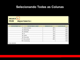 SELECT *
FROM departments;
Selecionando Todas as Colunas
 