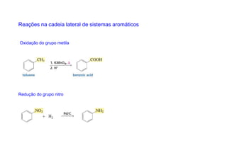 Reações na cadeia lateral de sistemas aromáticos


Oxidação do grupo metila




Redução do grupo nitro
 