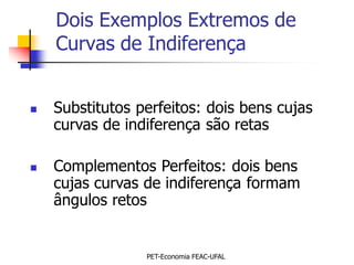 Dois Exemplos Extremos de
    Curvas de Indiferença


   Substitutos perfeitos: dois bens cujas
    curvas de indiferença são retas

   Complementos Perfeitos: dois bens
    cujas curvas de indiferença formam
    ângulos retos


                 PET-Economia FEAC-UFAL
 