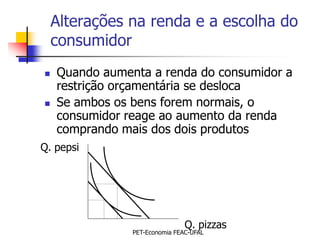 Alterações na renda e a escolha do
    consumidor
   Quando aumenta a renda do consumidor a
    restrição orçamentária se desloca
   Se ambos os bens forem normais, o
    consumidor reage ao aumento da renda
    comprando mais dos dois produtos
Q. pepsi




                                Q. pizzas
                PET-Economia FEAC-UFAL
 