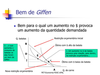 Bem de Giffen

              Bem para o qual um aumento no $ provoca
               um aumento da quantidade demandada

              Q. batatas                      Restrição orçamentária inicial

                       B
2. ...o que                                    Ótimo com $ alto da batata
aumenta o
consumo de                                                 1. Um aumento no $ da batata
batatas se                                                 provoca uma rotação, para dentro,
elas forem             D
                              E                            na restrição orçamentária...
um bem de
Giffen                                    C
                                                      Ótimo com $ baixo da batata


                                              A        Q. de carne
Nova restrição orçamentária
                                  PET-Economia FEAC-UFAL
 