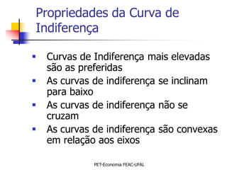 Propriedades da Curva de
Indiferença

   Curvas de Indiferença mais elevadas
    são as preferidas
   As curvas de indiferença se inclinam
    para baixo
   As curvas de indiferença não se
    cruzam
   As curvas de indiferença são convexas
    em relação aos eixos

              PET-Economia FEAC-UFAL
 