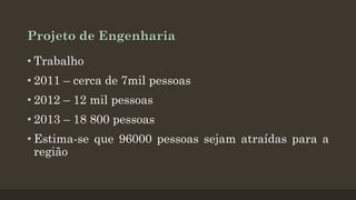 Projeto de Engenharia
• Trabalho

• 2011 – cerca de 7mil pessoas
• 2012 – 12 mil pessoas
• 2013 – 18 800 pessoas
• Estima-se que 96000 pessoas sejam atraídas para a
região

 