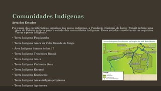 Comunidades Indígenas
Área dos Estudos
Por causa das características especiais dos povos indígenas, a Fundação Nacional do Índio (Funai) definiu uma
Área de Estudo própria para o estudo das comunidades indígenas. Esses estudos consideraram as seguintes
Terras e povos indígenas:
• Terra Indígena Paquiçamba
• Terra Indígena Arara da Volta Grande do Xingu

• Área Indígena Juruna do km 17
• Terra Indígena Trincheira Bacajá
• Terra Indígena Arara
• Terra Indígena Cachoeira Seca
• Terra Indígena Kararaô
• Terra Indígena Koatinemo
• Terra Indígena Araweté/Igarapé Ipixuna

• Terra Indígena Apyterewa

 