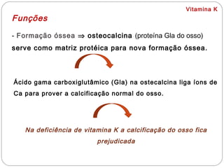 Vitamina K
Funções
- Formação óssea ⇒ osteocalcina (proteína Gla do osso)
serve como matriz protéica para nova formação óssea.
Ácido gama carboxiglutâmico (Gla) na ostecalcina liga íons de
Ca para prover a calcificação normal do osso.
Na deficiência de vitamina K a calcificação do osso fica
prejudicada
 