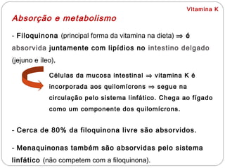 Vitamina K
Absorção e metabolismo
- Filoquinona (principal forma da vitamina na dieta) ⇒ é
absorvida juntamente com lipídios no intestino delgado
(jejuno e íleo).
Células da mucosa intestinal ⇒ vitamina K é
incorporada aos quilomícrons ⇒ segue na
circulação pelo sistema linfático. Chega ao fígado
como um componente dos quilomícrons.
- Cerca de 80% da filoquinona livre são absorvidos.
- Menaquinonas também são absorvidas pelo sistema
linfático (não competem com a filoquinona).
 