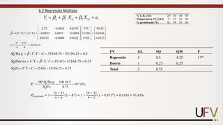 6.2 Regressão Múltipla
% U.R. (X1) 20 30 40 50
Temperatura (ºC) (X2) 5 15 10 20
% germinação (Y) 92 94 93 96
1 1 2 2
i o i i i
Y X X
   
= + + +
1
2.75 0.0833 0.0333 375 90.25
ˆ ( ' ) ( ' ) 0.0833 0.0055 0.0088 13180 0.0166
0.0333 0.0088 0.0222 4720 0.2333
X X X Y
 −
−
     
     
= = − − =
     
     
−
     
2 2
. 375
35156.25
4
Y
C
n
= = =
ˆ
Re ' ' 35164.75 35156.25 8.5
SQ g X Y C

= − = − =
ˆ
' ' ' 35165 35164.75 0.25
SQDesvio Y Y X Y

= − = − =
' 35165 35156.25 8.75
SQTo Y Y C
= − = − =
FV GL SQ QM F
Regressão 2 8.5 4.25 17ns
Desvio 1 0.25 0.25
Total 3 8.75
2 100 Re 100 8.5
97.14%
8.75
SQ g x
R
SQTo
= = =
𝑅𝑎𝑗𝑢𝑠𝑡𝑎𝑑𝑜
2
= 1 −
𝑛 − 1
𝑛 − 𝑝
1 − 𝑅2
= 1 −
4 − 1
4 − 2
1 − 0.9712
= 0.9143 = 91.43%
 