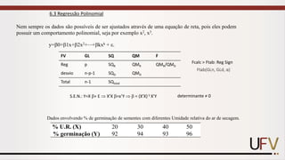6.3 Regressão Polinomial
FV GL SQ QM F
Reg p SQR QMR QMR/QMD
desvio n-p-1 SQD QMD
Total n-1 SQtotal
S.E.N.: Y=X + E  X’X =x’Y   = (X’X)-1 X’Y determinante ≠ 0
Fcalc > Ftab: Reg Sign
Ftab(GLn, GLd, α)
Nem sempre os dados são possíveis de ser ajustados através de uma equação de reta, pois eles podem
possuir um comportamento polinomial, seja por exemplo x2, x3.
y=0+1x+2x2+⋯+kxk + .
% U.R. (X) 20 30 40 50
% germinação (Y) 92 94 93 96
Dados envolvendo % de germinação de sementes com diferentes Umidade relativa do ar de secagem.
 