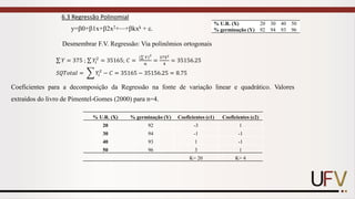 6.3 Regressão Polinomial
y=0+1x+2x2+⋯+kxk + .
% U.R. (X) 20 30 40 50
% germinação (Y) 92 94 93 96
Desmembrar F.V. Regressão: Via polinômios ortogonais
σ 𝑌 = 375 ; σ 𝑌𝑖
2
= 35165; 𝐶 =
(σ 𝑌ሻ
2
𝑛
=
3752
4
= 35156.25
𝑆𝑄𝑇𝑜𝑡𝑎𝑙 = ෍ 𝑌𝑖
2
− 𝐶 = 35165 − 35156.25 = 8.75
% U.R. (X) % germinação (Y) Coeficientes (c1) Coeficientes (c2)
20 92 -3 1
30 94 -1 -1
40 93 1 -1
50 96 3 1
K= 20 K= 4
Coeficientes para a decomposição da Regressão na fonte de variação linear e quadrático. Valores
extraídos do livro de Pimentel-Gomes (2000) para n=4.
 
