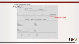 ==========================================================
Programa GENES REGRESSÃO LINEAR SIMPLES
Arquivo de dados C:exemplosexemplo6Genes.txt
Número de variáveis 2
Data 05-26-2019
==========================================================
REGRESSÃO LINEAR SIMPLES
Variável independente : x2
Variável dependente : x1
____________________________________________________________________________________________________
FV GL SQ QM F Probabilidade(%)
____________________________________________________________________________________________________
REGRESSÃO 1 6.05 6.05 4.481481 16.847876
DESVIO 2 2.7 1.35
TOTAL 3 8.75
____________________________________________________________________________________________________
ESTIMATIVAS E VARIÂNCIAS DOS COEFICIENTES DE REGRESSÃO
____________________________________________________________________________________________________
INTERCEPTO ß0 = 89.9
INCLINAÇÃO ß1 = .11
V(ß0) = 3.645
V(ß1) = .0027
t (Ho:ß1=0) = 2.116951
Probab(Ho:ß1=0) = 16.913914 %
t (Ho:ß1=1) = -17.128058
Probab(Ho:ß1=1) = .211408 %
Viés = -.89
Cov(ß0,ß1) = -.0945
COEFICIENTE DE DETERMINAÇÃO (%) = 69.142857
____________________________________________________________________________________________________
x2 (X) x1 (Y) x1 estimado
____________________________________________________________________________________________________
20.0 92.0 92.1
30.0 94.0 93.2
40.0 93.0 94.3
50.0 96.0 95.4
____________________________________________________________________________________________________
Y = 0 + 1X1 +Ei
6.1 Regressão Linear Simples
n.s.
Se Prob < 5%: * “p-value”
 