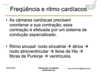 Freqüência e ritmo cardíacos As câmaras cardíacas precisam coordenar a sua contração; essa contração é efetuada por um sistema de condução especializado. Ritmo sinusal: nodo sinoatrial    átrios    nodo atrioventricular    feixe de His    fibras de Purkinje    ventrículos. 