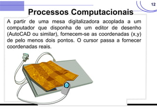 12
A partir de uma mesa digitalizadora acoplada a um
computador que disponha de um editor de desenho
(AutoCAD ou similar), fornecem-se as coordenadas (x,y)
de pelo menos dois pontos. O cursor passa a fornecer
coordenadas reais.
Processos Computacionais
 
