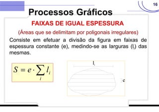 16
(Áreas que se delimitam por poligonais irregulares)
Consiste em efetuar a divisão da figura em faixas de
espessura constante (e), medindo-se as larguras (li) das
mesmas.



i
i
l
e
S
Processos Gráficos
FAIXAS DE IGUAL ESPESSURA
 