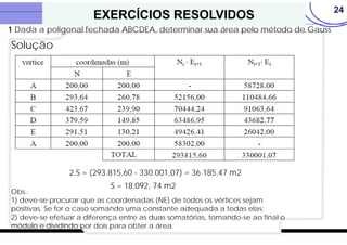 24
EXERCÍCIOS RESOLVIDOS
1 Dada a poligonal fechada ABCDEA, determinar sua área pelo método de Gauss
Obs.:
1) deve-se procurar que as coordenadas (NE) de todos os vértices sejam
positivas. Se for o caso somando uma constante adequada a todas elas;
2) deve-se efetuar a diferença entre as duas somatórias, tomando-se ao final o
módulo e dividindo por dois para obter a área.
2.S = (293.815,60 - 330.001,07) = 36.185,47 m2
S = 18.092, 74 m2
Solução
 