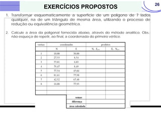 26
1. Transformar esquematicamente a superfície de um polígono de 7 lados
qualquer, na de um triângulo de mesma área, utilizando o processo de
redução ou equivalência geométrica.
2. Calcule a área da poligonal fornecida abaixo, através do método analítico. Obs.:
não esqueça de repetir, ao final, a coordenada do primeiro vértice.
EXERCÍCIOS PROPOSTOS
 
