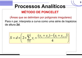9
(Áreas que se delimitam por poligonais irregulares)
Para n par, interpreta a curva como uma série de trapézios
de altura 2d.
 




 





 


 4
)
(
2 1
1
1
1
n
n
o
n
i
i
y
y
y
y
y
d
S
Processos Analíticos
MÉTODO DE PONCELET
 