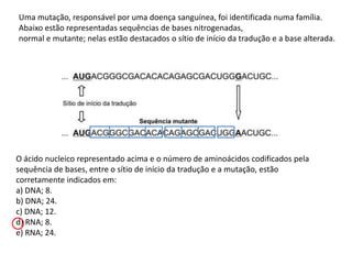 Uma mutação, responsável por uma doença sanguínea, foi identificada numa família.
Abaixo estão representadas sequências de bases nitrogenadas,
normal e mutante; nelas estão destacados o sítio de início da tradução e a base alterada.
O ácido nucleico representado acima e o número de aminoácidos codificados pela
sequência de bases, entre o sítio de início da tradução e a mutação, estão
corretamente indicados em:
a) DNA; 8.
b) DNA; 24.
c) DNA; 12.
d) RNA; 8.
e) RNA; 24.
 