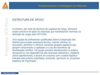 ESTRUTURA DE APOIO Programa VCP-Flex A Infraero, por meio da Gerência de Logística de Carga, oferecerá ampla estrutura de apoio às empresas que manifestarem interesse na liberação de cargas pelo VCP-FLEX. Uma equipe de profissionais qualificados estará à disposição dos clientes para prestar assessoria técnica, visando otimizar os processos, identificar e eliminar eventuais gargalos logísticos que possam comprometer a agilidade e o uso dos benefícios da flexibilização tarifária. Tal equipe prestará atendimentos no próprio Aeroporto ou nas dependências das empresas solicitantes, mediante prévio agendamento, e atuará em conjunto com a cadeia logística indicada pelo próprio importador, buscando  aprimorar os  processos  logísticos de importação. 