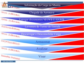 Chegada da Aeronave Entregar documentos MAWB E HAWB Lavratura do Termo de Entrada Armazenar Avalizar Visar CIA AÉREA Cia Aérea Automática INFRAERO CIA AÉREA Receita Federal Informação da Carga no Mantra CIA AÉREA Descarregar e Desconsolidar Carga  CIA AÉREA 