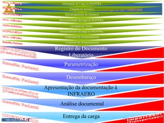 Chegada da Aeronave Descarregamento da Aeronave Desconsolidação da carga no MANTRA Armazenamento da carga no MANTRA Avalização do Armazenamento CIA AÉREA CIA AÉREA CIA AÉREA INFRAERO CIA AÉREA Receita Federal Entrega da carga Parametrização Desembaraço Apresentação da documentação à  INFRAERO Análise documental Receita Federal Receita Federal Importador Receita Federal INFRAERO Importador (Transportador) (Despachante) Registro do Documento Liberatório IMPORTADOR (Despachante) Visamento do Armazenamento Lavratura do Termo Informação da Carga no MANTRA CIA AÉREA Automática 