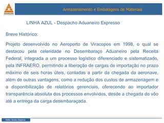 Breve Histórico:  Projeto desenvolvido no Aeroporto de Viracopos em 1998, o qual se destacou pela celeridade no Desembaraço Aduaneiro pela Receita Federal, integrada a um processo logístico diferenciado e sistematizado, pela INFRAERO, permitindo a liberação de cargas de importação no prazo máximo de seis horas úteis, contadas a partir da chegada da aeronave, além de outras vantagens, como a redução dos custos de armazenagem e a disponibilização de relatórios gerenciais, oferecendo ao importador transparência absoluta dos processos envolvidos, desde a chegada do vôo até a entrega da carga desembaraçada.  LINHA AZUL - Despacho Aduaneiro Expresso 