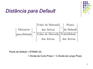 Distância para Default

                           ⎡ Valor de Mercado⎤ ⎡ Ponto ⎤
                           ⎢                  ⎥−⎢           ⎥
       ⎡ Distancia ⎤       ⎢    dos Ativos    ⎥ ⎢de Default⎥
       ⎢              ⎥ = ⎢⎣                  ⎥⎦ ⎢⎣         ⎥⎦
       ⎢ para Default⎥ ⎡ Valor de Mercado⎤ ⎡ Volatilidade ⎤
      ⎢⎣             ⎥⎦ ⎢                    ⎥⎢              ⎥
                          ⎢     dos Ativos   ⎥ ⎢ dos Ativos ⎥
                          ⎢⎣                 ⎥⎦ ⎢⎣           ⎥⎦



 Ponto de Default = STRIKE (X)
                 = Dívida de Curto Prazo + ½ Divida de Longo Prazo


                                                                     9
 