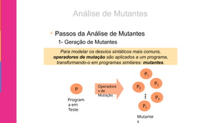  Passos da Análise de Mutantes
1- Geração de Mutantes
Para modelar os desvios sintáticos mais comuns,
operadores de mutação são aplicados a um programa,
transformando-o em programas similares: mutantes.
Mutante
s
P1
Pn
P3
P2
P4
Operadore
s de
Mutação
P
Program
a em
Teste
 