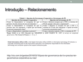 Introdução – Relacionamento
14
http://cio.com.br/gestao/2016/03/10/para-ter-governanca-de-ti-e-preciso-ter-
governanca-corporativa-ou-nao/
Chief information officer (CIO), chief digital information officer (CDIO) or information technology (IT) director, is
a job title commonly given to the most senior executive in an enterprise responsible for the information
technology and computer systems that support enterprise goals.
 