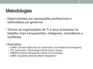 Metodologias
• Desenvolvidas por associações profissionais e
estimulados por governos
• Tornam as organizações de TI e seus processos de
trabalho mais transparentes, inteligíveis, controláveis e
confiáveis
• Exemplos:
• COBIT (Control Objectives for Information and Related Technologies)
• ITIL (Information Technology Infrastructure Library)
• PMBOK (Project Management Book of Knowledge)
• CMMI (Capability Maturity Model Integration)
15
 