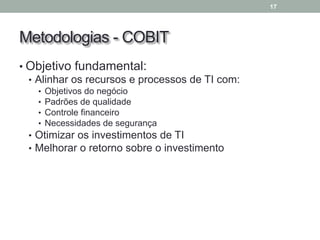 Metodologias - COBIT
• Objetivo fundamental:
• Alinhar os recursos e processos de TI com:
• Objetivos do negócio
• Padrões de qualidade
• Controle financeiro
• Necessidades de segurança
• Otimizar os investimentos de TI
• Melhorar o retorno sobre o investimento
17
 