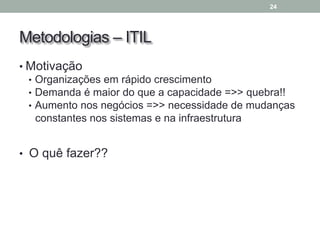 • Motivação
• Organizações em rápido crescimento
• Demanda é maior do que a capacidade =>> quebra!!
• Aumento nos negócios =>> necessidade de mudanças
constantes nos sistemas e na infraestrutura
• O quê fazer??
24
Metodologias – ITIL
 