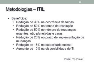 28
• Benefícios:
• Redução de 30% na ocorrência de falhas
• Redução de 50% no tempo de resolução
• Redução de 50% no número de mudanças
urgentes, não planejadas e caras
• Redução de 25% no prazo de implementação de
mudanças
• Redução de 15% na capacidade ociosa
• Aumento de 10% na disponibilidade de TI
Fonte: ITIL Forum
Metodologias – ITIL
 