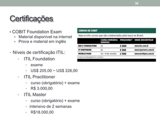 Certificações
• COBIT Foundation Exam
• Material disponível na internet
• Prova e material em inglês
• Níveis de certificação ITIL:
• ITIL Foundation
• exame
• US$ 205,00 ~ US$ 226,00
• ITIL Practitioner
• curso (obrigatório) + exame
• R$ 3.000,00
• ITIL Master
• curso (obrigatório) + exame
• intensivo de 2 semanas
• R$18.000,00
30
 