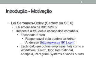 Introdução - Motivação
5
• Lei Sarbanes-Oxley (Sarbox ou SOX)
• Lei americana de 30/07/2002
• Resposta a fraudes e escândalos contábeis
• Escândalo Enron
• Responsável pela quebra da Arthur
Andersen (http://www.aa1913.com)
• Escândalo em outras empresas, tais como a
WorldCom, Xerox, Tyco International,
Adelphia, Peregrine Systems e várias outras
 
