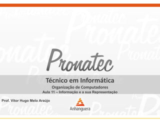 Técnico em Informática
Organização de Computadores
Aula 11 – Informação e a sua Representação
Prof. Vitor Hugo Melo Araújo
 