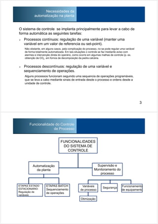 O sistema de controle se implanta principalmente para levar a cabo de
forma automática as seguintes tarefas:
Processos contínuos: regulação de uma variável (manter uma
variável em um valor de referencia ou set-point).
Não obstante, em alguns casos, pela complicação do processo, no se pode regular uma variável
de forma totalmente automatizada. Em tais situações o controle se faz mediante aviso com
alarmes e intervenção direta do operário, como ocorre em algumas malhas de controle (p. ex.
obtenção de CO2 em fornos de decomposição da pedra calcária.
Processos descontínuos: regulação de uma variável e
sequenciamento de operações.
Alguns processos funcionam seguindo uma sequencia de operações programáveis,
que se leva a cabo mediante sinais de entrada desde o processo e ordens desde a
unidade de controle.
Necessidades da
automatização na planta
3
Funcionalidade do Controle
de Processo
Automatização
da planta
Supervisão e
Monitoramento do
processo
ETAPAS ESTADO
ESTACIONARIO:
Regulação de
variáveis
ETAPAS BATCH:
Sequenciamento
de operações
Variáveis
de processo
Segurança Funcionamento
de equipamento
Otimização
FUNCIONALIDADES
DO SISTEMA DE
CONTROLE
 