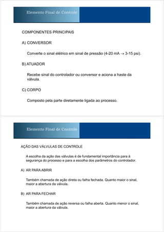 COMPONENTES PRINCIPAIS
A) CONVERSOR
Converte o sinal elétrico em sinal de pressão (4-20 mA → 3-15 psi).
B) ATUADOR
Recebe sinal do controlador ou conversor e aciona a haste da
válvula.
C) CORPO
Composto pela parte diretamente ligada ao processo.
Elemento Final de Controle
Elemento Final de Controle
AÇÃO DAS VÁLVULAS DE CONTROLE
A escolha da ação das válvulas é de fundamental importância para à
segurança do processo e para a escolha dos parâmetros do controlador.
A) AR PARA ABRIR
Também chamada de ação direta ou falha fechada. Quanto maior o sinal,
maior a abertura da válvula.
B) AR PARA FECHAR
Também chamada de ação reversa ou falha aberta. Quanto menor o sinal,
maior a abertura da válvula.
 