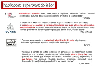 “Refletir sobre diferentes fatos linguísticos flagrados em textos orais e escritos;
a reconhecer e analisar a variação linguística em suas diferentes dimensões
sócio-históricas ,como um fenômeno inerente ao uso da língua e determinado pelos
fatores que definem as condições de produção de um texto, oral ou escrito”
(PUC-MINAS)
“Estabelecer relações entre cada texto e aspectos históricos, sociais, políticos,
econômicos e culturais da época em que ele foi produzido e da atualidade”
(UFMG)
“ Dominar a norma-culta e os níveis de significação do texto: significação
explícita e significação implícita, denotação e conotação”
(USP)
“Construir o sentido de textos redigidos em português e de reconhecer marcas
linguísticas que permitem caracterizar um determinado gênero discursivo, seja
quanto à sua forma (por exemplo, dissertativo, narrativo, poético), seja quanto à
sua função (por exemplo, religioso, científico, jornalístico, comercial, etc.),
depreendendo os efeitos desencadeados por essas marcas”
(UNICAMP)
 