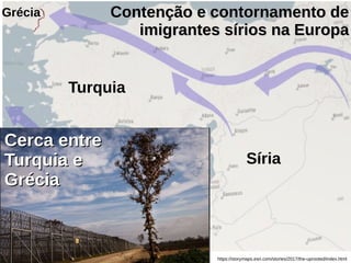https://storymaps.esri.com/stories/2017/the-uprooted/index.html
Contenção e contornamento deContenção e contornamento de
imigrantes sírios na Europaimigrantes sírios na Europa
Síria
Turquia
Grécia
Cerca entreCerca entre
Turquia eTurquia e
GréciaGrécia
 