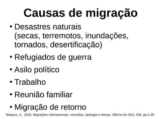 Causas de migração
●
Desastres naturais
(secas, terremotos, inundações,
tornados, desertificação)
●
Refugiados de guerra
●
Asilo político
●
Trabalho
●
Reunião familiar
●
Migração de retorno
Nolasco, C., 2016. Migrações internacionais: conceitos, tipologia e teorias. Oficina do CES, 434, pp.1-29.
 