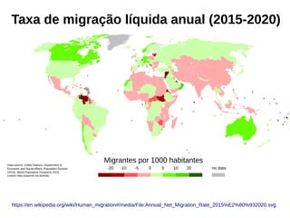 0 5 10 20-5-10-20
Migrants per 1000 Population
no data
Annual Net Migration Rate 2015–2020
Data source: United Nations, Department of
Economic and Social Affairs, Population Division
(2019). World Population Prospects 2019,
custom data acquired via website.
https://en.wikipedia.org/wiki/Human_migration#/media/File:Annual_Net_Migration_Rate_2015%E2%80%932020.svg
Taxa de migração líquida anual (2015-2020)
Migrantes por 1000 habitantes
 