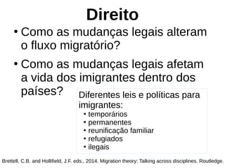 Direito
●
Como as mudanças legais alteram
o fluxo migratório?
●
Como as mudanças legais afetam
a vida dos imigrantes dentro dos
países?
Brettell, C.B. and Hollifield, J.F. eds., 2014. Migration theory: Talking across disciplines. Routledge.
Diferentes leis e políticas para
imigrantes:
●
temporários
●
permanentes
●
reunificação familiar
●
refugiados
●
ilegais
 
