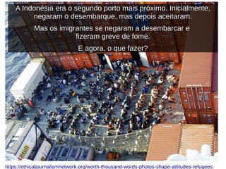 A Indonésia era o segundo porto mais próximo. Inicialmente,A Indonésia era o segundo porto mais próximo. Inicialmente,
negaram o desembarque, mas depois aceitaram.negaram o desembarque, mas depois aceitaram.
Mas os imigrantes se negaram a desembarcar eMas os imigrantes se negaram a desembarcar e
fizeram greve de fome.fizeram greve de fome.
E agora, o que fazer?E agora, o que fazer?
https://ethicaljournalismnetwork.org/worth-thousand-words-photos-shape-attitudes-refugees
 