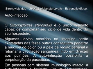 Strongyloididae -Strongyloididae - Strongyloides stercoralisStrongyloides stercoralis - Estrongiloidíase.- Estrongiloidíase.
Auto-infecçãoAuto-infecção
OO Strongyloides stercoralisStrongyloides stercoralis é o único helmintoé o único helminto
capaz de completar seu ciclo de vida dentro docapaz de completar seu ciclo de vida dentro do
seu hospedeiro.seu hospedeiro.
Algumas larvas nascidas no intestino serãoAlgumas larvas nascidas no intestino serão
excretadas nas fezes outras conseguem penetrarexcretadas nas fezes outras conseguem penetrar
a mucosa do cólon ou a pele da região perianal ea mucosa do cólon ou a pele da região perianal e
retornar à circulação sanguínea, indo em direçãoretornar à circulação sanguínea, indo em direção
aos pulmões. A auto-infecção possíbilita aaos pulmões. A auto-infecção possíbilita a
perpetuação da parasitose.perpetuação da parasitose.
Em pessoas com sistema imunológico intacto, aEm pessoas com sistema imunológico intacto, a
 