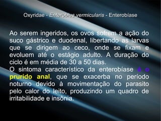 Oxyridae -Oxyridae - Enterobius vermicularisEnterobius vermicularis - Enterobíase- Enterobíase
Ao serem ingeridos, os ovos sofrem a ação do
suco gástrico e duodenal, libertando as larvas
que se dirigem ao ceco, onde se fixam e
evoluem até o estágio adulto. A duração do
ciclo é em média de 30 a 50 dias.
O sintoma característico da enterobíase é o
prurido anal, que se exacerba no período
noturno devido à movimentação do parasito
pelo calor do leito, produzindo um quadro de
irritabilidade e insônia.
 