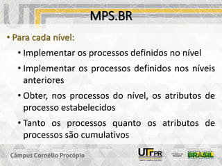 MPS.BR
• Para cada nível:
• Implementar os processos definidos no nível
• Implementar os processos definidos nos níveis
anteriores
• Obter, nos processos do nível, os atributos de
processo estabelecidos
• Tanto os processos quanto os atributos de
processos são cumulativos
 