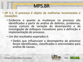 MPS.BR
• AP 5.1: O processo é objeto de melhorias incrementais e
inovações:
• Evidencia o quanto as mudanças no processo são
identificadas a partir da análise de defeitos, problemas,
causas comuns de variação do desempenho e da
investigação de enfoques inovadores para a definição e
implementação do processo.
• Um dos resultados esperados é:
• Dados que influenciam o desempenho do processo
foram identificados, classificados e selecionados para
análise de causas.
 