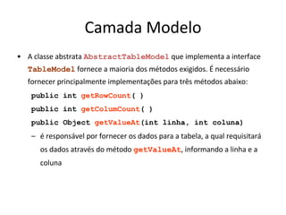 Camada Modelo
• Alguns métodos definidos em AbstractTableModel oferecem um maior grau de
controle:
– public String getColumnName(int col)
• Se não for fornecido nomes de colunas, o método getColumnName do
modelo AbstractTableModel atribuíra os nome A, B, C, e assim por
diante
• Para mudar o nome das colunas é necessário substituir o método
getColumnName
– public boolean isCellEditable(int rowIndex, int columnIndex)
• Não é obrigatório redefinir este método
• O valor retornado por padrão é false
 